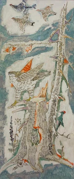 Grosser Baumstrunk mit Vögel und Pflanzen, 1959