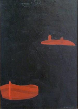 Rote Boote auf schwarzem Grund