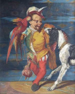 Hofnarr mit Hund und Papagei, um 1850
